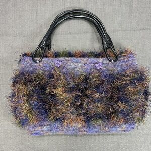 Hand Knit Felt Wool Faux Mohair Trimmed Butterfly Multi Purple Tote Bag Purse‎
